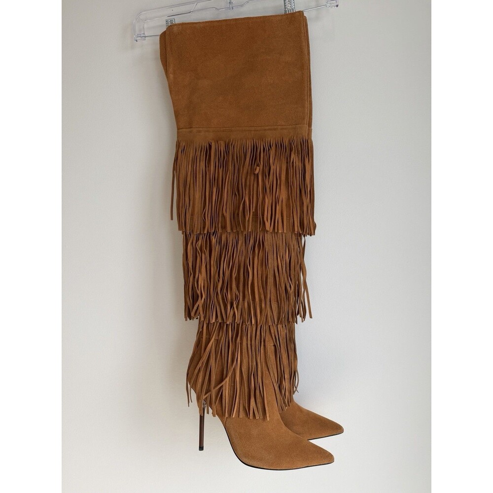 Good American Tan Fringe Thigh Boots, Stiletto, Size 7, NWOT